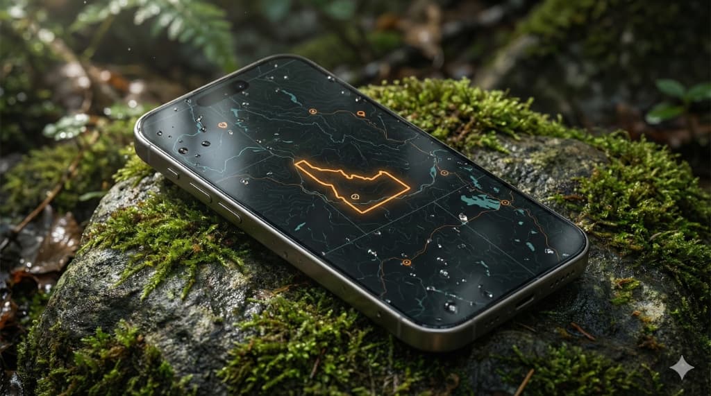 Roam Idaho mobile app running on iPhone in the forest