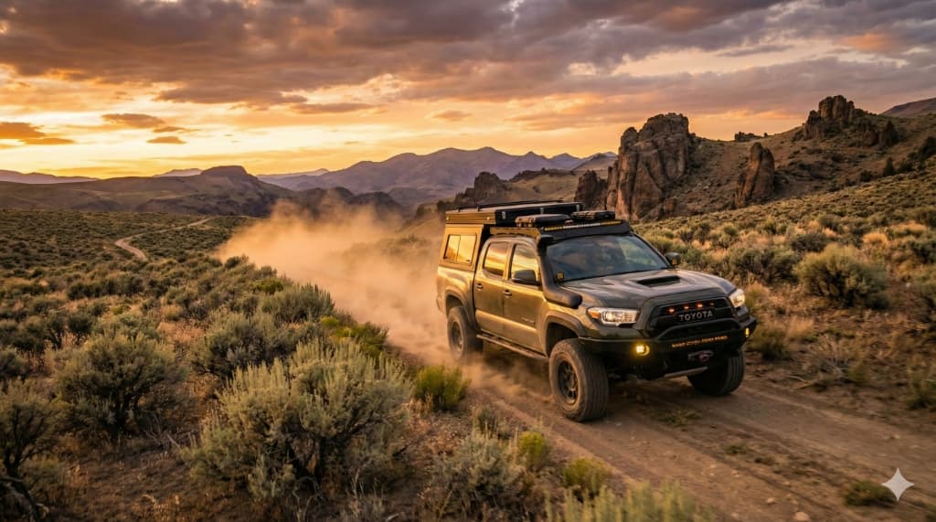 Overland truck on a rugged Idaho trail - Roam Idaho Offroad HQ