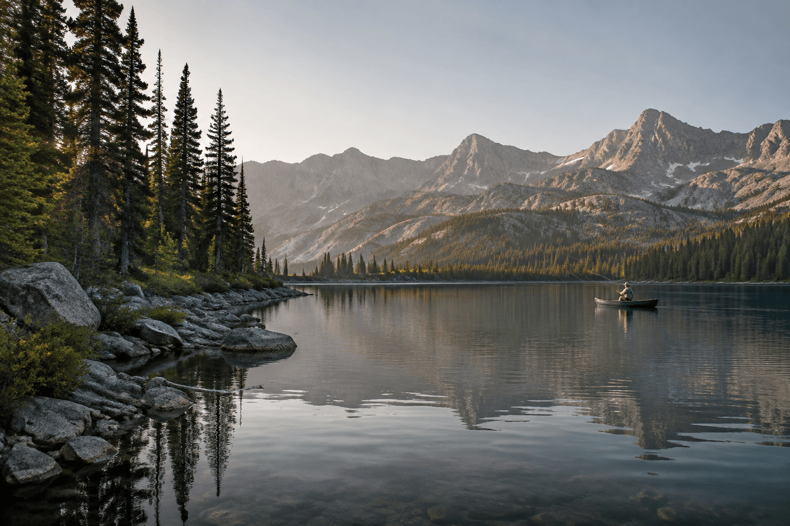 Angler on a quiet alpine lake beneath Idaho mountain peaks