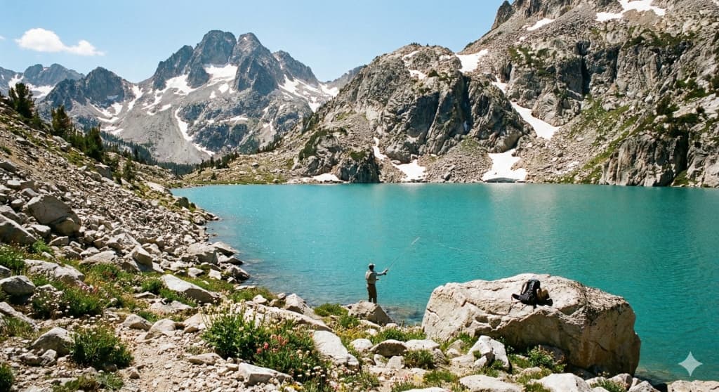 Crystal-clear alpine lake in the Sawtooth Mountains