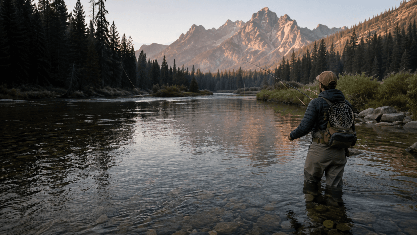 Fly angler casting on a clear Idaho mountain river