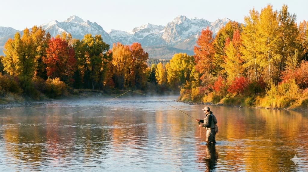 Fly fisherman casting in Idaho mountain river during golden hour