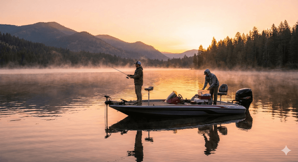 Bass boat on Idaho reservoir at sunrise