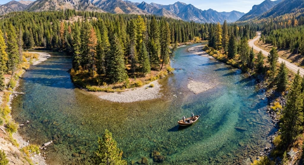 Drift boat floating through Idaho mountain river canyon