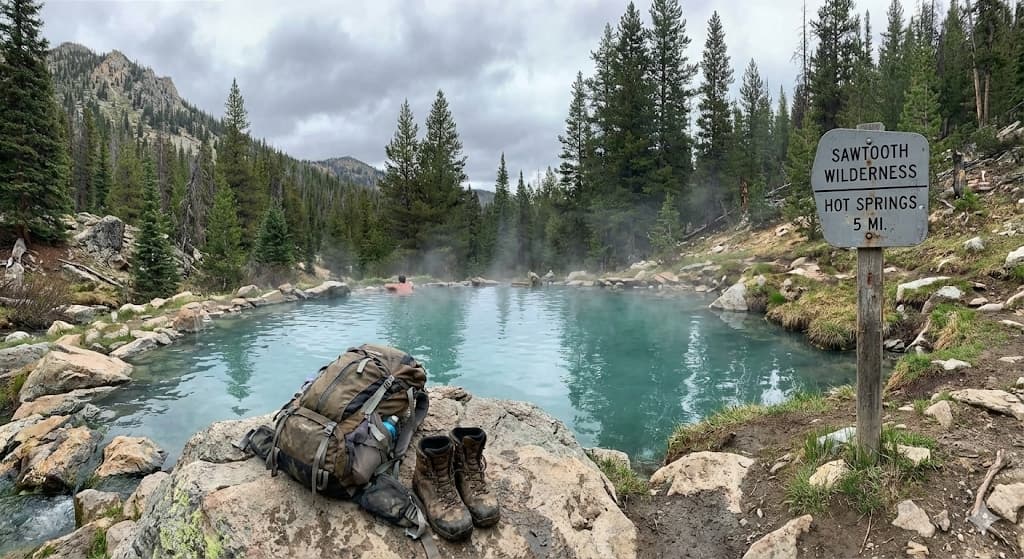 Remote backcountry hot spring with mountain views