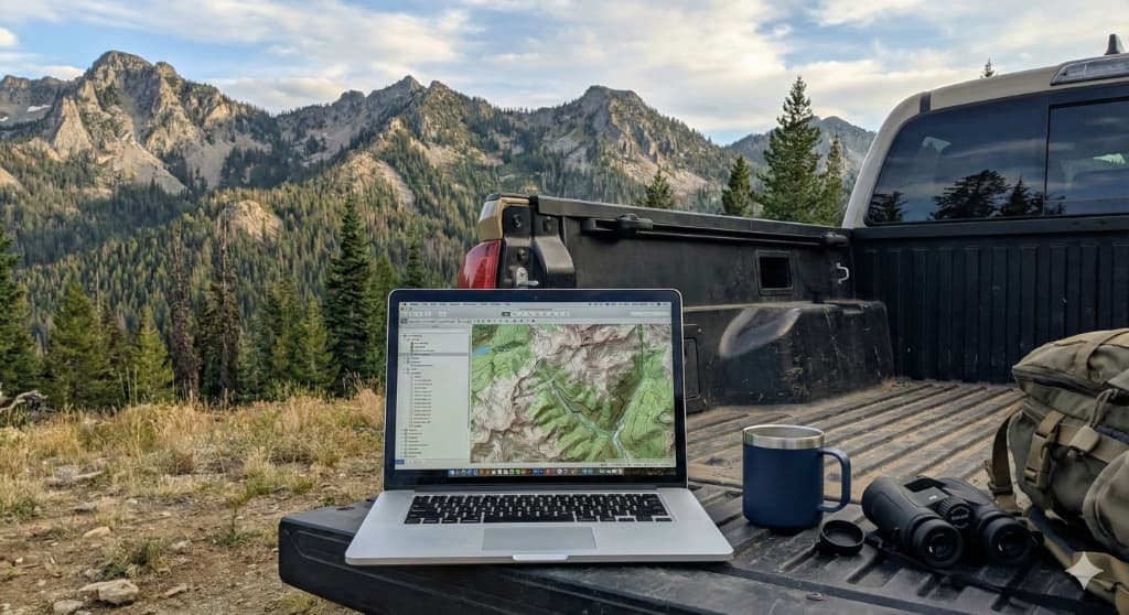 E-scouting setup with laptop on truck tailgate