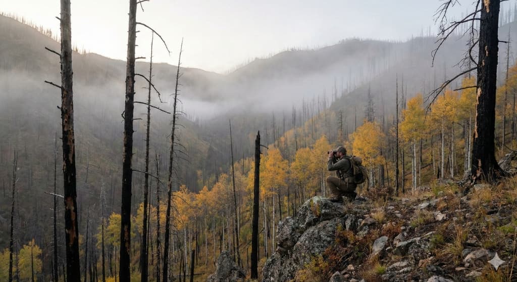 Hunter glassing for elk in burnt timber during September