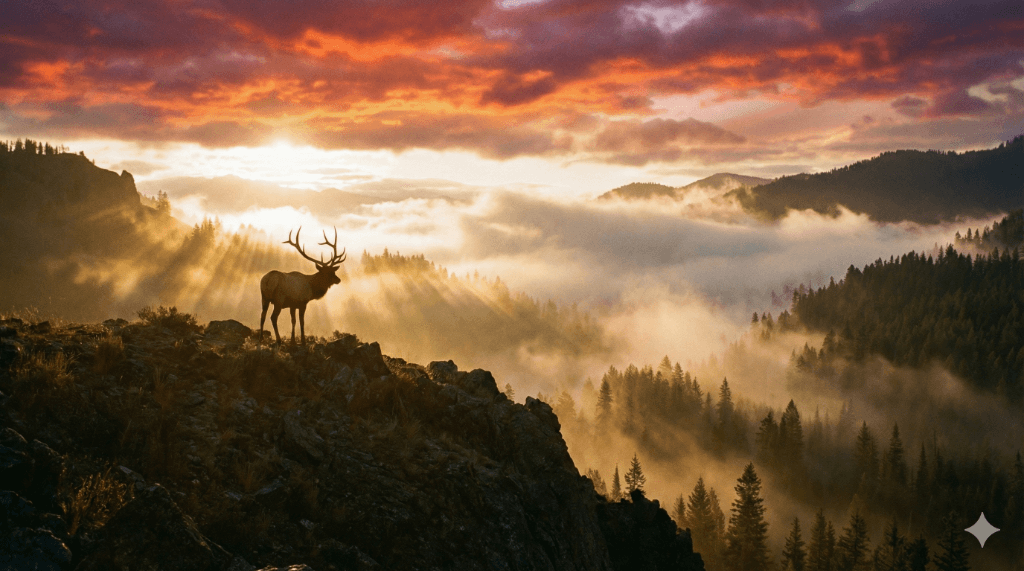 Bull elk silhouette at sunrise over Idaho mountain wilderness