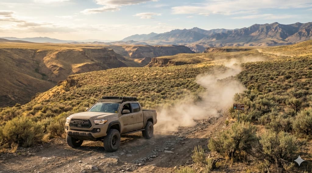 Toyota Tacoma on remote Idaho BLM backcountry road at sunset